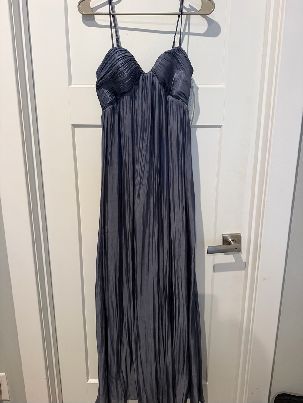 Lulu's Satin Lace-Up Evening Dress in Steel Blue